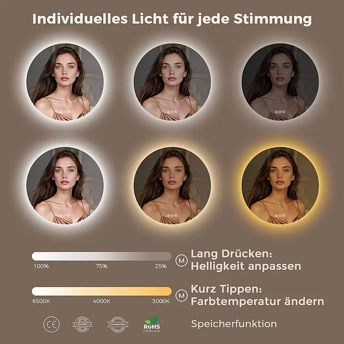 S'AFIELINA Lichtspiegel Luna Ø 600 mm - 600 x 600 mm - Runder LED-Spiegel mit einstellbarer Helligkeit und Farbtemperatur, von warmem 3000K bis kühlem 6500K.