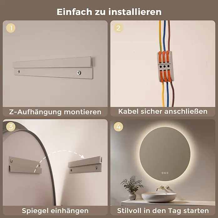 S'AFIELINA Lichtspiegel Luna Ø 800 mm - 80 x 80 cm - Installationsanleitung für einen runden, beleuchteten Smart-Spiegel, zeigt Montageschritte, Kabelanschluss und das Endergebnis.