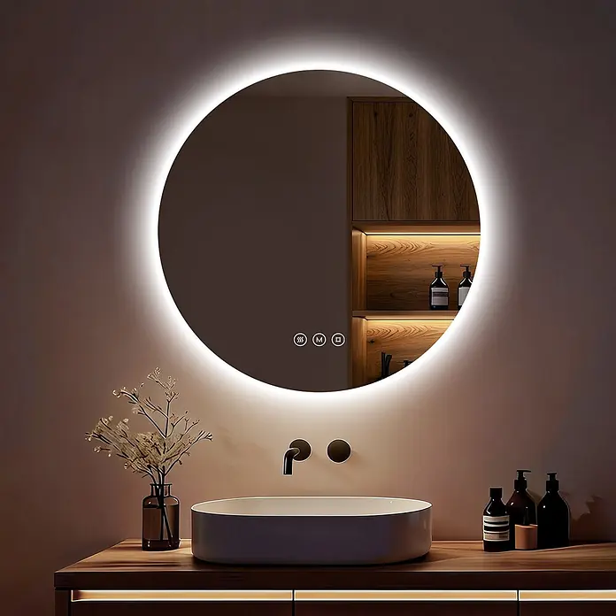 S'AFIELINA Lichtspiegel Luna - 50 x 50 cm, Leuchtmittel - Runder LED-beleuchteter smarter Badezimmerspiegel mit Touch-Steuerung über einem modernen Waschbecken auf einem Holzwaschtisch.