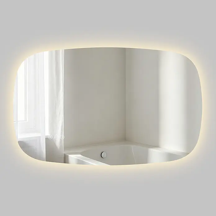 S'AFIELINA Lichtspiegel Pebble - 80 x 50 cm, Leuchtmittel - Abgerundeter rechteckiger LED-Badspiegel mit Hintergrundbeleuchtung und Touch-Steuerung, der Fenster und Badewanne reflektiert.