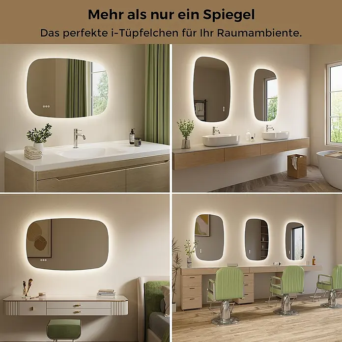 S'AFIELINA Lichtspiegel Pebble 950 × 600 mm - 95 x 60 cm - Beleuchtete LED-Spiegel in Bad, Schlafzimmer und Salon, mit Touch-Bedienung und abgerundeten organischen Formen.