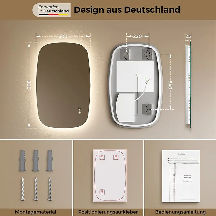S'AFIELINA Lichtspiegel Pebble - 80 x 50 cm, Leuchtmittel - LED-beleuchteter Spiegel mit abgerundeten Ecken, zeigt Maße, Rückseite, Montagezubehör, Positionierungsaufkleber und Anleitung.