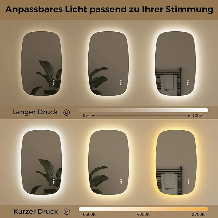 S'AFIELINA Lichtspiegel Pebble 950 × 600 mm - 95 x 60 cm - Ein rechteckiger, hinterleuchteter Spiegel mit abgerundeten Ecken, dessen Helligkeit (5-100%) und Farbtemperatur (2700K-6500K) einstellbar sind.