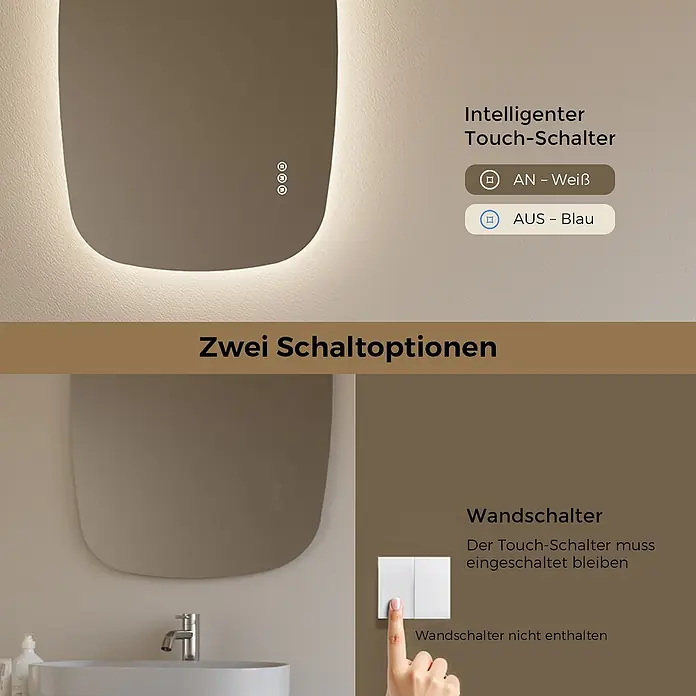 S'AFIELINA Lichtspiegel Pebble 950 × 600 mm - 95 x 60 cm - Beleuchteter Badezimmerspiegel mit zwei Steuerungsoptionen: integriertem Touch-Schalter und externem Wandschalter.