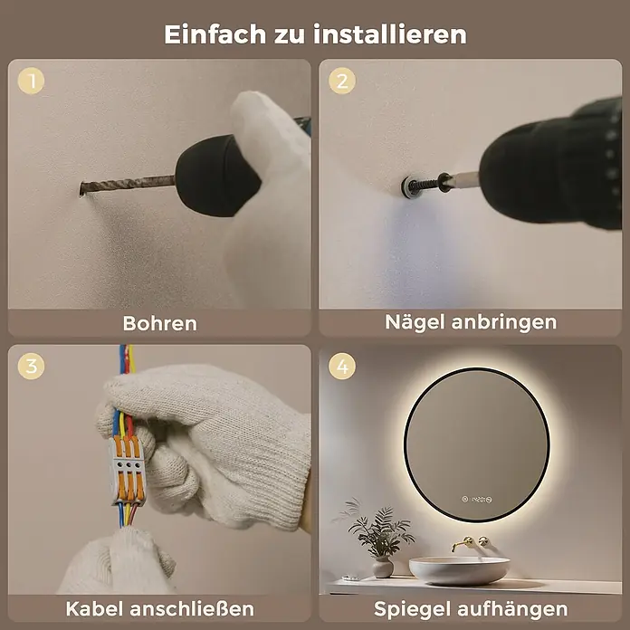 S'AFIELINA Lichtspiegel Luna Plus Ø 600 mm Schwarz - 60 x 60 cm - Vier-Schritte-Installationsanleitung für einen runden beleuchteten Spiegel: Bohren, Schrauben anbringen, Kabel anschließen, Spiegel aufhängen.