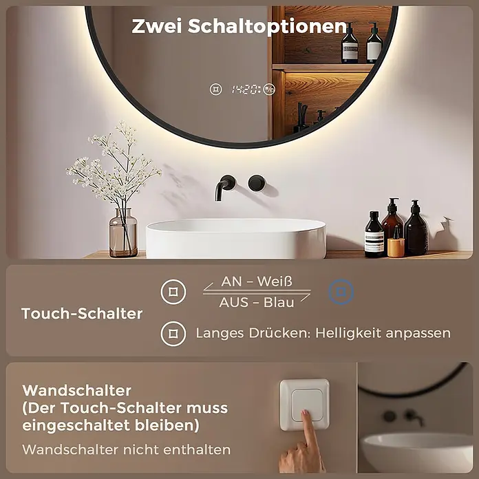 S'AFIELINA Lichtspiegel Luna Plus Ø 800 mm Schwarz - 80 x 80 cm - Runder beleuchteter Spiegel mit Digitalanzeige, zeigt zwei Schaltoptionen: Touch-Schalter am Spiegel und kompatibler Wandschalter.