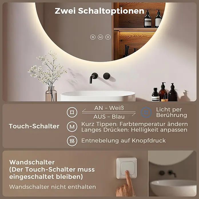 S'AFIELINA Lichtspiegel Luna Ø 600 mm - 600 x 600 mm - Runder LED-Spiegel mit Touch-Steuerung für Licht, Farbe, Helligkeit und Entnebelung sowie optionalem Wandschalter. Eine Hand betätigt einen Schalter.