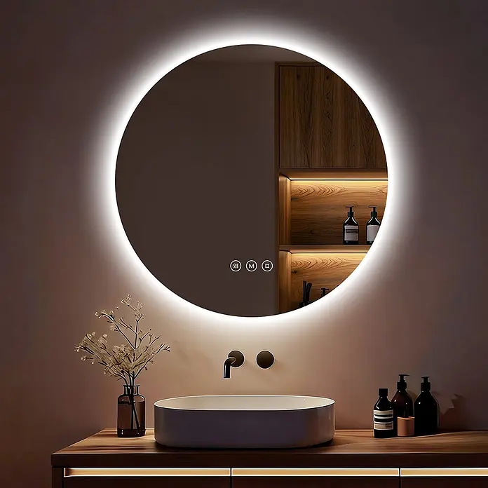 S'AFIELINA Lichtspiegel Luna Ø 700 mm - 70 x 70 cm - Runder LED-beleuchteter Badspiegel mit Touch-Steuerung, über modernem Waschbecken montiert.