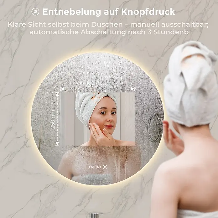 S'AFIELINA Lichtspiegel Luna - 60 x 60 cm, Leuchtmittel - Runder beleuchteter Badspiegel mit Entnebelungsfunktion, bietet klare Sicht in dampfiger Umgebung, mit Touch-Bedienelementen.