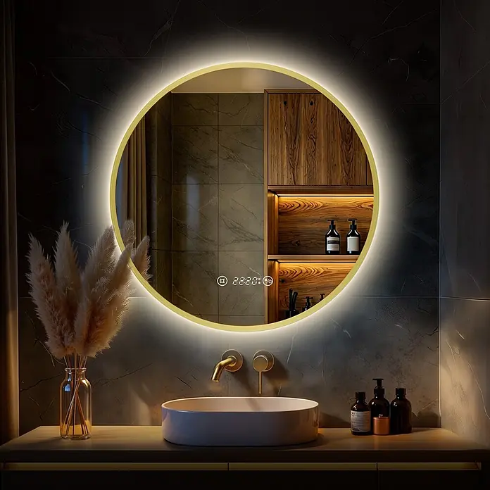 S'AFIELINA Lichtspiegel Luna Plus - 70 x 70 cm, Leuchtmittel - Runder goldener LED-Spiegel mit Digitalanzeige über einem Waschbecken.