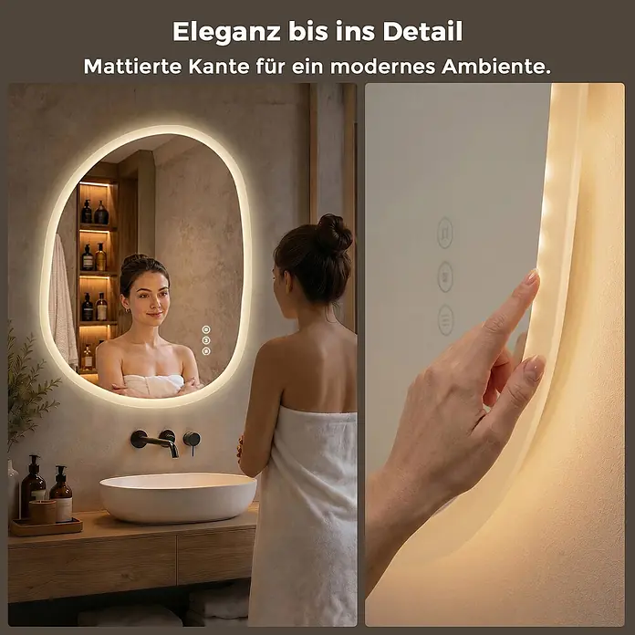 S'AFIELINA Lichtspiegel Mora 700 × 500 mm - 70 x 50 cm - Beleuchteter Badspiegel mit mattierter Kante und Touch-Bedienelementen, der eine Frau in einem modernen Bad reflektiert.
