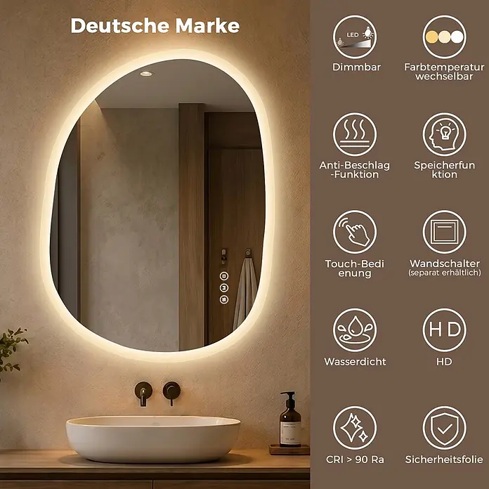 S'AFIELINA Lichtspiegel Mora 700 × 500 mm - 70 x 50 cm - Ovaler LED-Badezimmerspiegel mit einstellbarem Licht, Antibeschlagfunktion und Touch-Steuerung, über modernem Waschbecken montiert.
