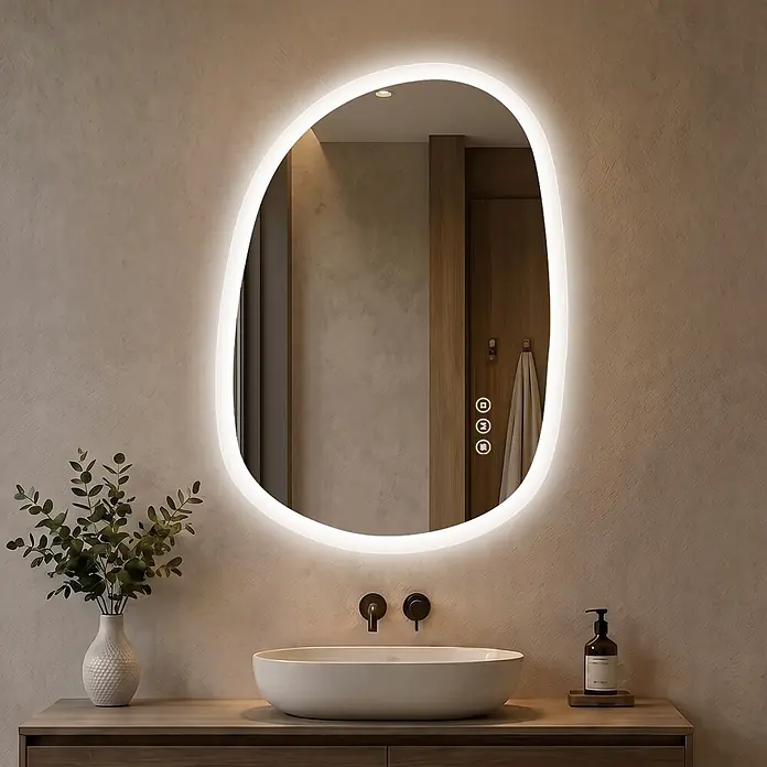 S'AFIELINA Lichtspiegel Mora 700 × 500 mm - 70 x 50 cm - Unregelmäßig geformter LED-beleuchteter Spiegel mit Touch-Bedienelementen, über einem Waschbecken in einem modernen Bad.
