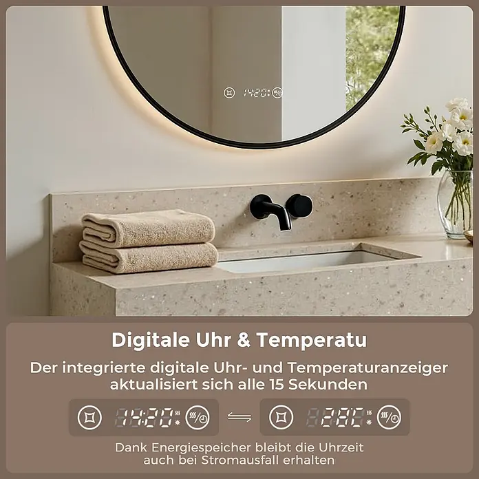 S'AFIELINA Lichtspiegel Luna Plus Ø 600 mm Schwarz - 60 x 60 cm - Runder Badezimmerspiegel mit integrierter Digitaluhr und Temperaturanzeige, über einem modernen Waschbecken.
