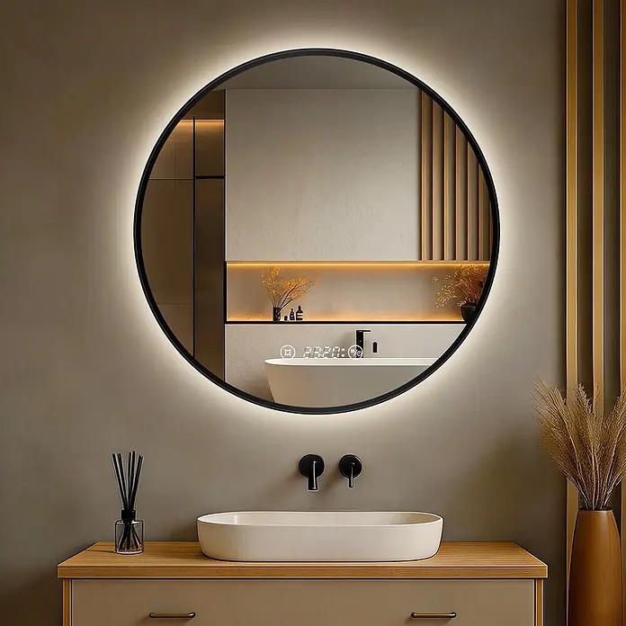 S'AFIELINA Lichtspiegel Luna Plus Ø 600 mm Schwarz - 60 x 60 cm - Runder LED-beleuchteter Spiegel mit schwarzem Rahmen, digitaler Uhr und Temperaturanzeige über einem Waschtisch.