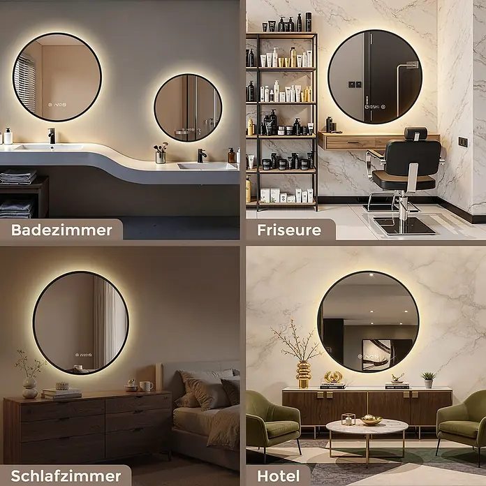 S'AFIELINA Lichtspiegel Luna Plus Ø 600 mm Schwarz - 60 x 60 cm - Runder LED-beleuchteter Spiegel mit schwarzem Rahmen, gezeigt in Bad, Friseursalon, Schlafzimmer und Hotel.