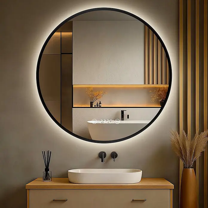 S'AFIELINA Lichtspiegel Luna Plus Ø 800 mm Schwarz - 80 x 80 cm - Runder, schwarz umrandeter LED-Spiegel in einem modernen Bad, der einen Innenraum mit Digitalanzeige reflektiert.