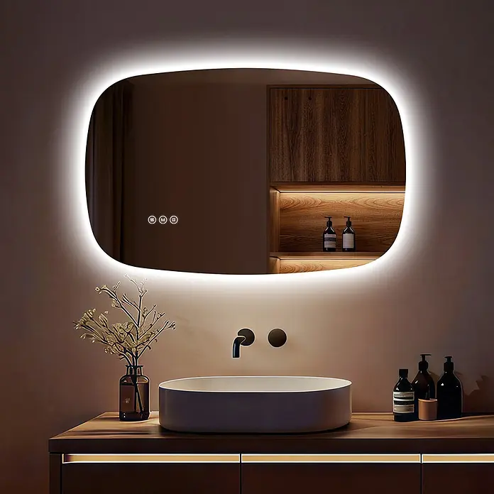 S'AFIELINA Lichtspiegel Pebble 700 × 450 mm - 70 x 45 cm - Abgerundeter LED-Badezimmerspiegel mit integrierter Beleuchtung und Touch-Steuerung.