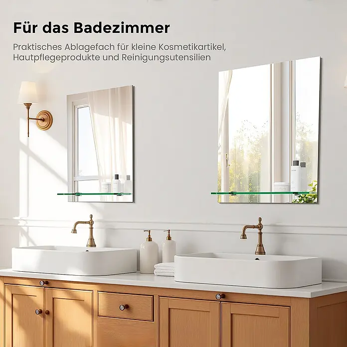 S'AFIELINA Ablagespiegel Linear - 50 cm x 10 mm x 70 cm - Rechteckige Spiegel mit grünen Glasablagen über Waschbecken für Kosmetik im Bad.