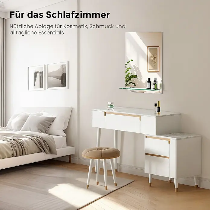 S'AFIELINA Ablagespiegel Linear - 50 cm x 10 mm x 70 cm - Weißer Schminktisch mit Marmorplatte und Holzdetails, Hocker und Spiegel, im Schlafzimmer.