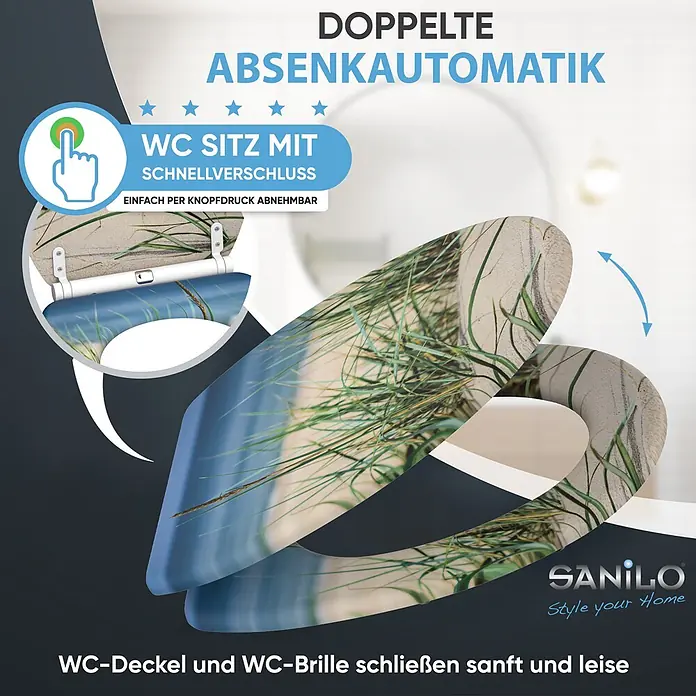 SANILO WC-Sitz Dunetide mit Schnellverschluss - MDF, Beige, Blau, Grün, Mit Absenkautomatik - WC-Sitz mit Sandstrand-Motiv, doppelter Absenkautomatik und Schnellverschluss zum einfachen Abnehmen.