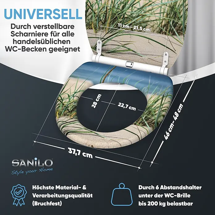 SANILO WC-Sitz Dunetide mit Schnellverschluss - MDF, Beige, Blau, Grün, Mit Absenkautomatik - WC-Sitz mit Strand- und Grasmotiv, universell passend durch verstellbare Scharniere und hohe Qualität.