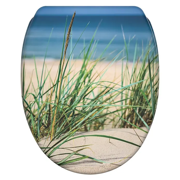 SANILO WC-Sitz Dunetide mit Schnellverschluss - MDF, Beige, Blau, Grün, Mit Absenkautomatik - Toilettensitz mit Strandmotiv-Druck: Sand, grünem Gras und blauem Meer.