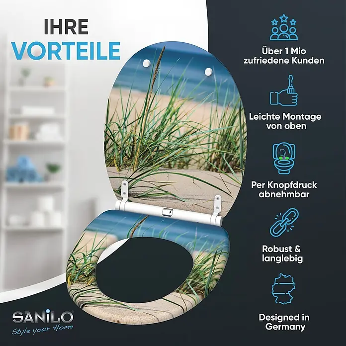 SANILO WC-Sitz Dunetide mit Schnellverschluss - MDF, Beige, Blau, Grün, Mit Absenkautomatik - Toilettensitz mit aufgedrucktem Motiv von Sandstrand und Dünengras, mit weißen Schnellverschluss-Scharnieren.