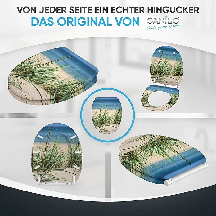 SANILO WC-Sitz Dunetide mit Schnellverschluss - MDF, Beige, Blau, Grün, Mit Absenkautomatik - Toilettensitz mit Strandmotiv: Sand, grünes Dünengras und blauer Ozean, aus verschiedenen Perspektiven gezeigt.