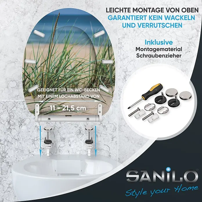 SANILO WC-Sitz Dunetide mit Schnellverschluss - MDF, Beige, Blau, Grün, Mit Absenkautomatik - Toilettensitz mit Strandmotiv und Obermontage-Set. Inklusive Schraubendreher und Befestigungen für 11-21,5 cm Lochabstand, wackelfrei.