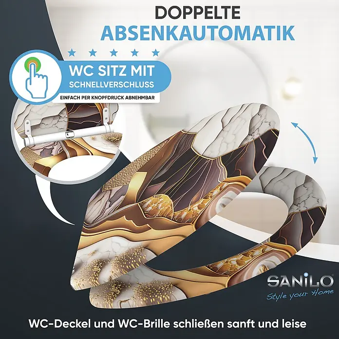 SANILO WC-Sitz Marmor Gold mit Schnellverschluss - MDF, Gold, Braun, Rot, Mit Absenkautomatik - WC-Sitz mit Marmor- und Goldmuster, doppelter Absenkautomatik und Schnellverschluss, sanft schließend.