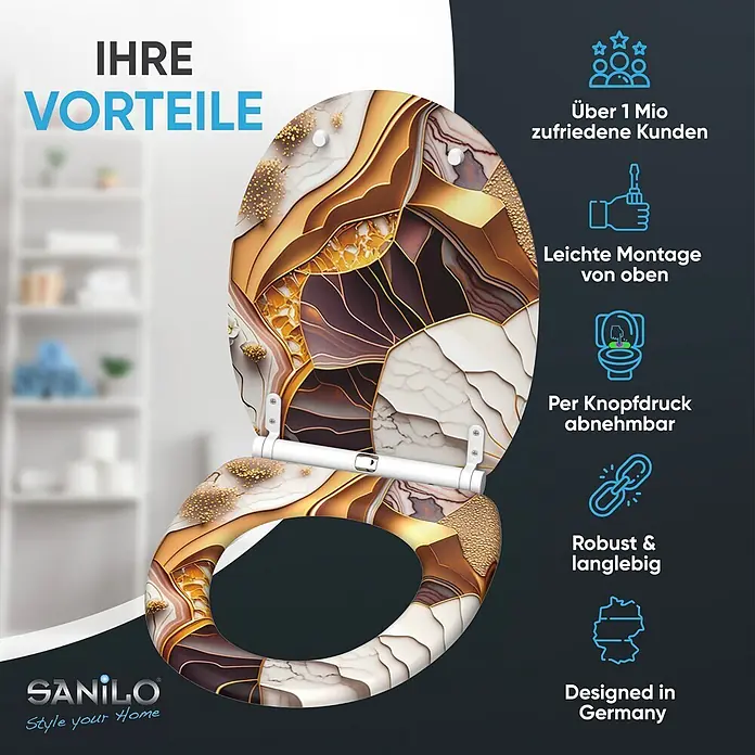 SANILO WC-Sitz Marmor Gold mit Schnellverschluss - MDF, Gold, Braun, Rot, Mit Absenkautomatik - Dekorativer Toilettensitz mit goldenem, braunem und weißem, abstraktem Muster, mit einfacher Top-Montage und Schnellverschluss.
