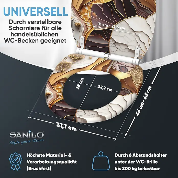 SANILO WC-Sitz Marmor Gold mit Schnellverschluss - MDF, Gold, Braun, Rot, Mit Absenkautomatik - Eleganter WC-Sitz mit braun-gold-weißem Muster, verstellbaren Scharnieren, universell (46-48x37,7 cm), hochwertig, bis 200 kg belastbar.