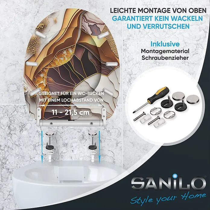 SANILO WC-Sitz Marmor Gold mit Schnellverschluss - MDF, Gold, Braun, Rot, Mit Absenkautomatik - Gemusterter WC-Sitz in Gold-Braun, bei der Top-Montage auf einer Toilette. Inkl. Montagematerial & Schraubenzieher, für 11-21,5 cm Lochabstand.