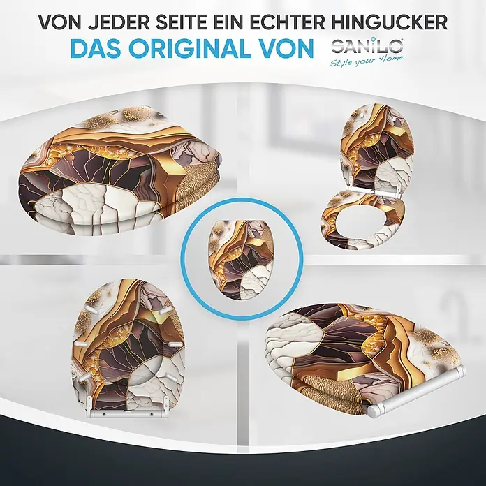 SANILO WC-Sitz Marmor Gold mit Schnellverschluss - MDF, Gold, Braun, Rot, Mit Absenkautomatik - Toilettensitz mit einem abstrakten braunen, goldenen und weißen Achat-Muster, aus verschiedenen Blickwinkeln gezeigt, um sein dekoratives Design hervorzuheben.