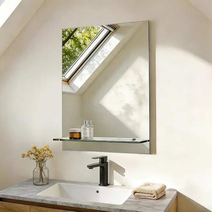 S'AFIELINA Ablagespiegel Linear - 45 cm x 10 mm x 60 cm - Ein rahmenloser rechteckiger Spiegel mit einer klaren Glasablage, montiert über einem Badezimmerwaschbecken mit schwarzem Wasserhahn.