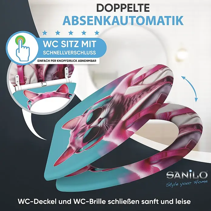 SANILO WC-Sitz Neon Cat mit Schnellverschluss - MDF, Rosa, Blau, Mit Absenkautomatik - WC-Sitz mit pinkem Katze-mit-Sonnenbrille-Design, mit Absenkautomatik und Schnellverschluss.
