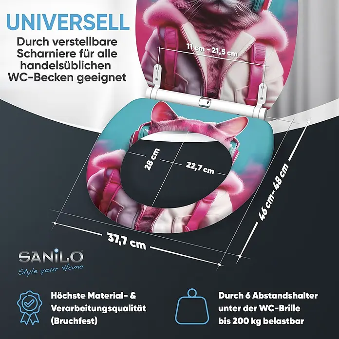 SANILO WC-Sitz Neon Cat mit Schnellverschluss - MDF, Rosa, Blau, Mit Absenkautomatik - WC-Sitz mit rosa Katzenmotiv, verstellbaren Scharnieren und Maßen (37,7x46-48 cm). Belastbar bis 200 kg.
