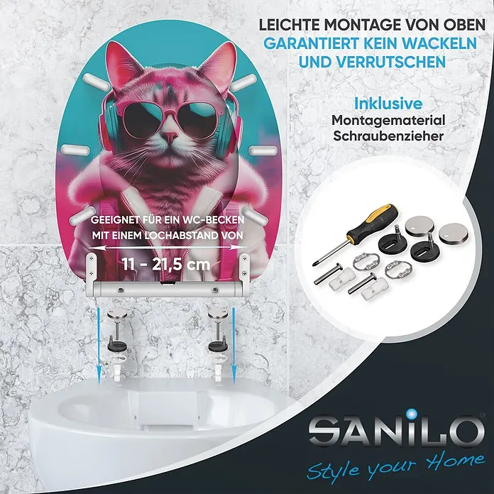 SANILO WC-Sitz Neon Cat mit Schnellverschluss - MDF, Rosa, Blau, Mit Absenkautomatik - Bunter WC-Sitz mit Katzenmotiv, einfache Top-Montage und verstellbarer Lochabstand (11-21,5 cm). Montagematerial inklusive.