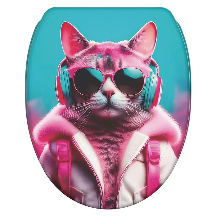SANILO WC-Sitz Neon Cat mit Schnellverschluss - MDF, Rosa, Blau, Mit Absenkautomatik - Toilettensitz mit einer pinkfarbenen Katze mit Sonnenbrille und Kopfhörern auf blaugrünem Hintergrund.