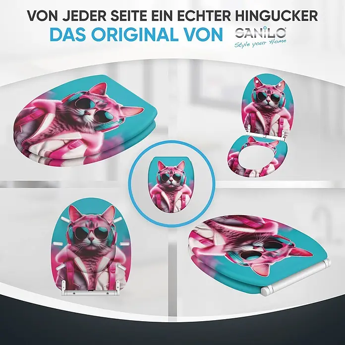 SANILO WC-Sitz Neon Cat mit Schnellverschluss - MDF, Rosa, Blau, Mit Absenkautomatik - Toilettensitz mit pink-türkisem Katzendruck, Sonnenbrille und Kopfhörern.