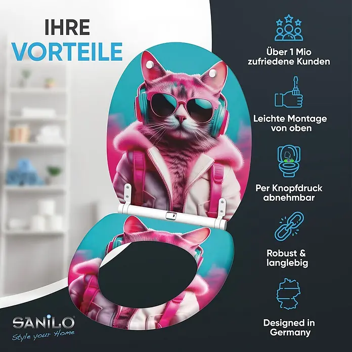 SANILO WC-Sitz Neon Cat mit Schnellverschluss - MDF, Rosa, Blau, Mit Absenkautomatik - Toilettensitz mit einem lebendigen Design einer pinken Katze mit Kopfhörern und Sonnenbrille.