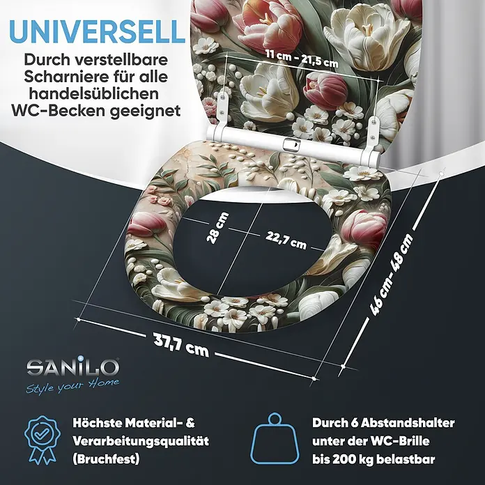 SANILO WC-Sitz Blossique mit Schnellverschluss - MDF, Weiß, Pink, Grün, Mit Absenkautomatik - WC-Sitz mit floralem Design aus rosa und weißen Tulpen, mit verstellbaren Scharnieren und Maßen für universelle Passform.