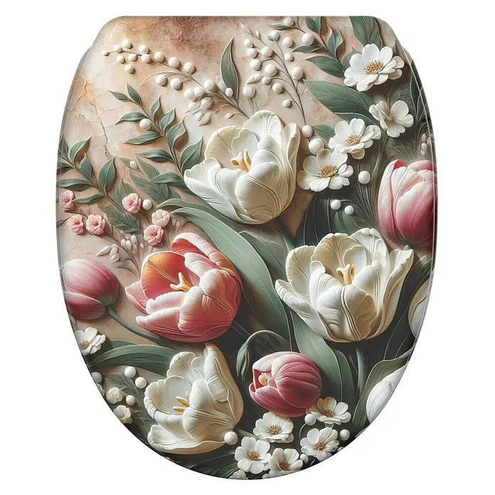 SANILO WC-Sitz Blossique mit Schnellverschluss - MDF, Weiß, Pink, Grün, Mit Absenkautomatik - Toilettensitz mit geprägtem Blumendesign, mit weißen und rosa Tulpen sowie kleineren weißen Blüten.