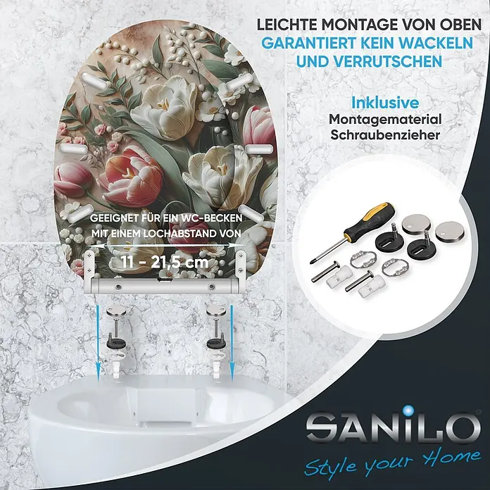 SANILO WC-Sitz Blossique mit Schnellverschluss - MDF, Weiß, Pink, Grün, Mit Absenkautomatik - Floraler Toilettensitz mit Tulpen und weißen Blumen, auf WC installiert. Montageteile und Schraubenzieher für Top-Montage inklusive.