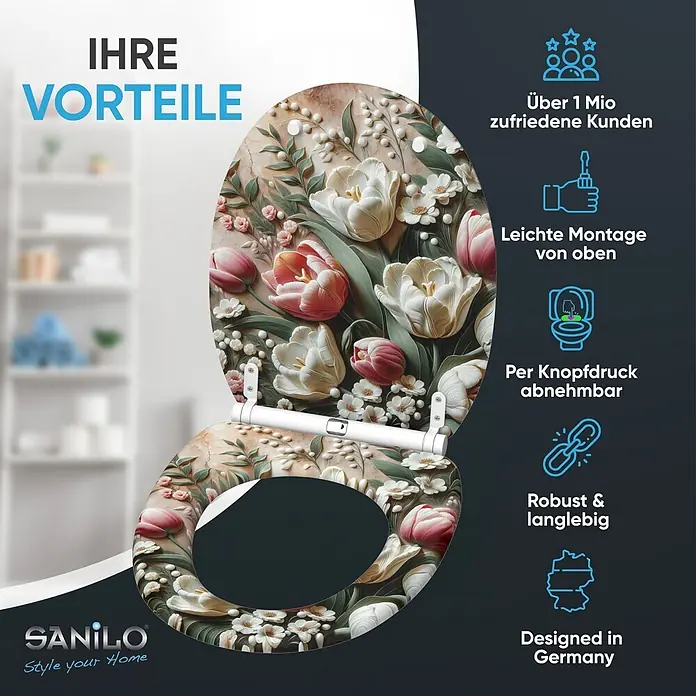SANILO WC-Sitz Blossique mit Schnellverschluss - MDF, Weiß, Pink, Grün, Mit Absenkautomatik - Toilettensitz mit einem schönen Blumenmuster aus rosa und weißen Tulpen auf hellem Marmor-Hintergrund.