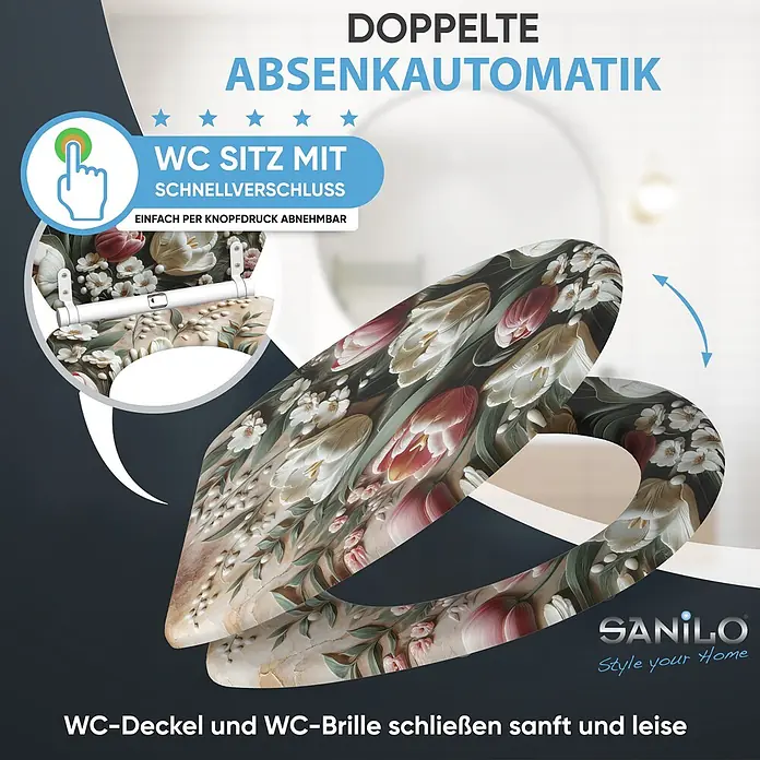 SANILO WC-Sitz Blossique mit Schnellverschluss - MDF, Weiß, Pink, Grün, Mit Absenkautomatik - WC-Sitz mit floralem Tulpen- und weißen Blumenmuster, mit Absenkautomatik und Schnellverschluss.
