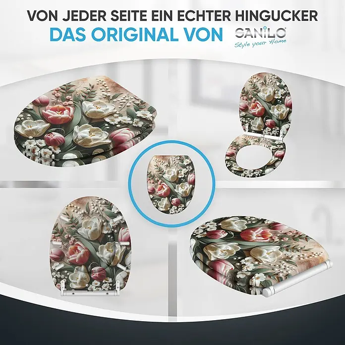 SANILO WC-Sitz Blossique mit Schnellverschluss - MDF, Weiß, Pink, Grün, Mit Absenkautomatik - Toilettensitz mit floralem Muster aus weißen und rosa Tulpen, aus verschiedenen Blickwinkeln gezeigt.