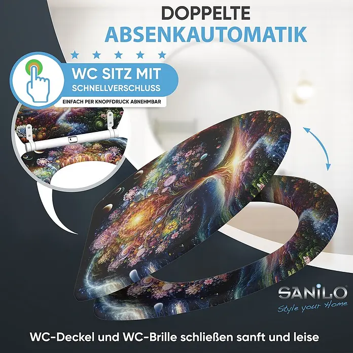 SANILO WC-Sitz Cosmora mit Schnellverschluss - MDF, Bunt, Mit Absenkautomatik - Bunter WC-Sitz und -Deckel mit abstraktem Muster, Absenkautomatik und Schnellverschluss.