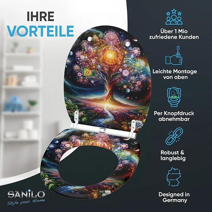 SANILO WC-Sitz Cosmora mit Schnellverschluss - MDF, Bunt, Mit Absenkautomatik - WC-Sitz mit einem lebendigen, farbenfrohen „Baum des Lebens“-Kunstmuster und weißen Scharnieren.